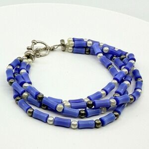 Vintage Silver Tone Blue Bead Multi Strand Bracelet Statement Boho Retro 90s Y2K